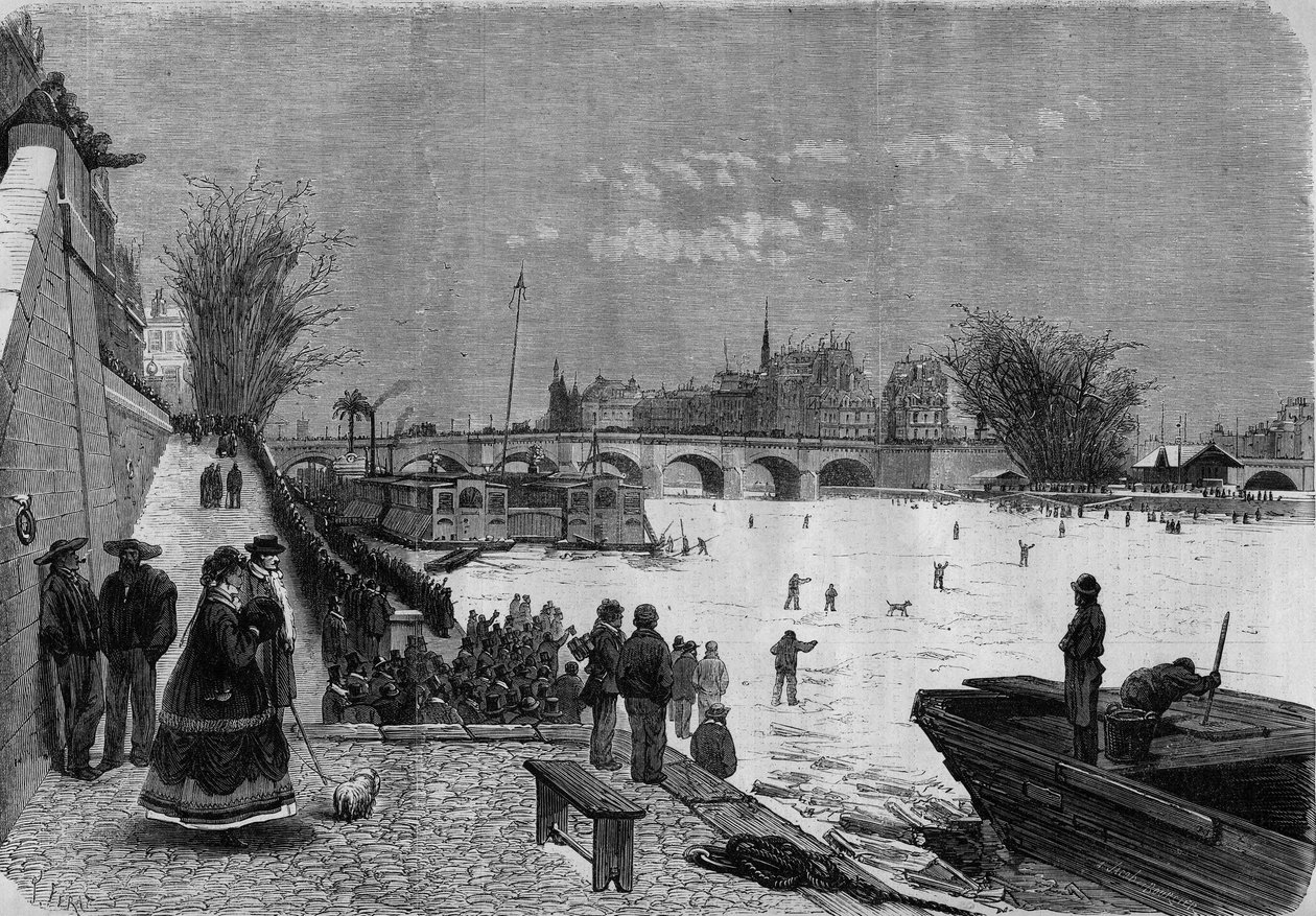 Paryż, zima 1868: zamarznięta Sekwana. Widok na rzekę z wysokości Pont Neuf. Grawer w „Le Monde Illustre” nr 561 z 11 stycznia 1868 r. autorstwa French School