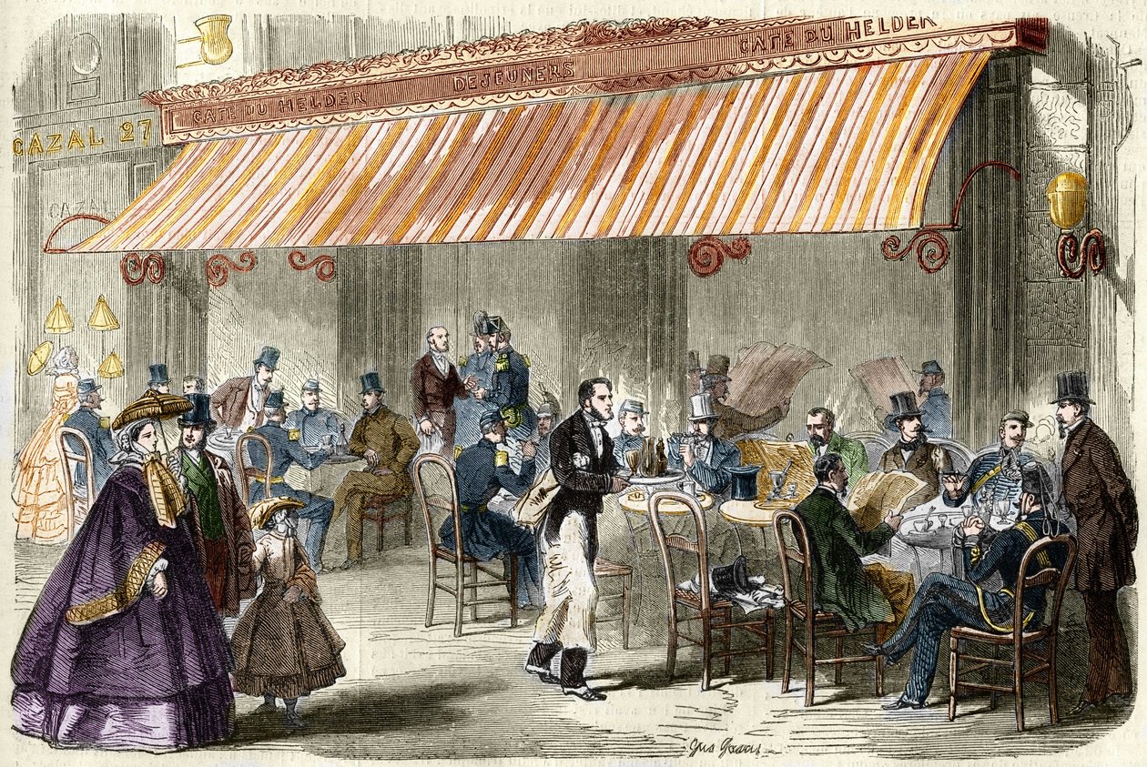 Paryż w XIX wieku. Boulevard des Italians w 1859 roku: przed kawiarnią Helder o piątej wieczorem. autorstwa French School