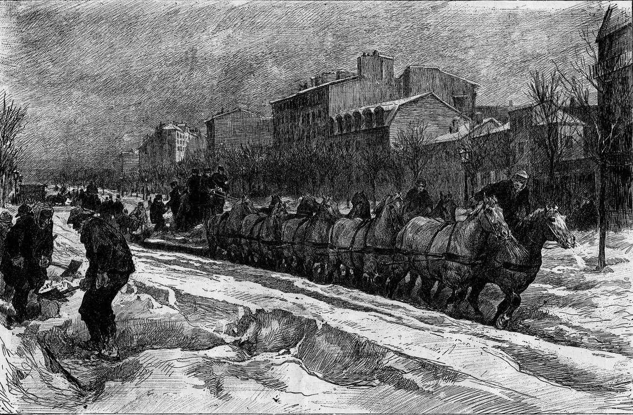 Paryż pod śniegiem, zima 1879-1880: pług lodowy (polowanie na śnieg) Boulevard Montparnasse. Grawerowanie w „”Le Monde Illustré””n°1188 z 3 stycznia autorstwa French School