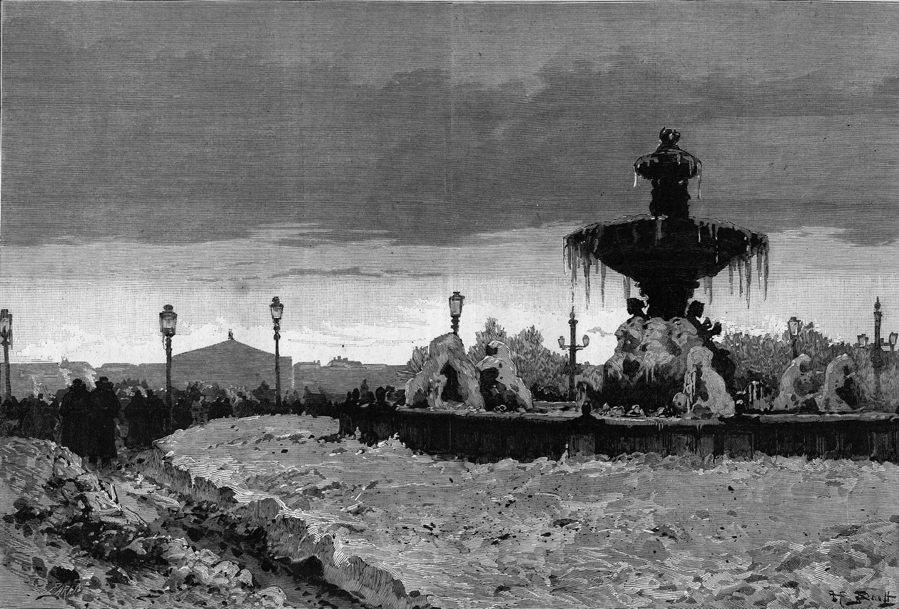 Paryż pod śniegiem, zima 1879-1880: widok jednej z fontann Place de la Concorde podczas mrozu. Grawerowanie autorstwa Scotta w „”The Illustrous World””n°1188 z 3 stycznia autorstwa French School