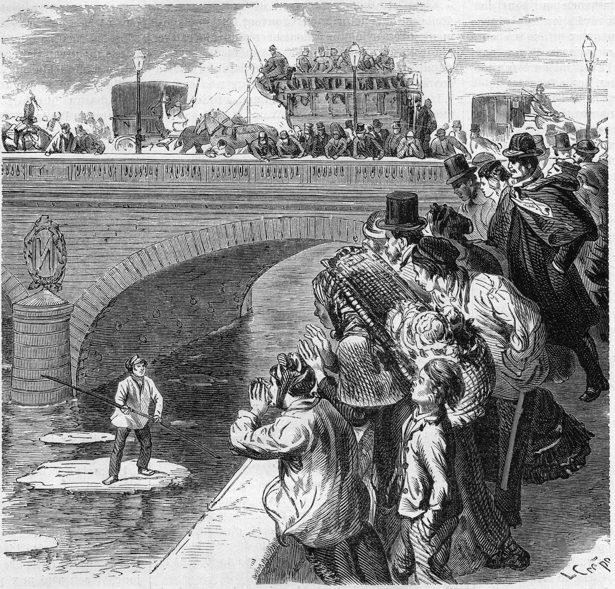 Paryż, zima 1870: dziecko wspina się po glakonie w kierunku Sekwany, od mostu Bercy do wiaduktu Passy. Grawer w „”Le Monde Illustré””n°672 z 26 lutego 1870 r. autorstwa French School