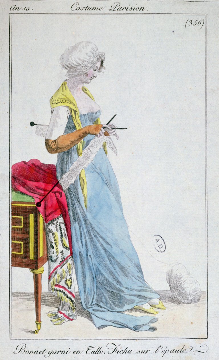 Strój paryski: czepek obszyty tiulem, fichu na ramionach, 1802 autorstwa French School