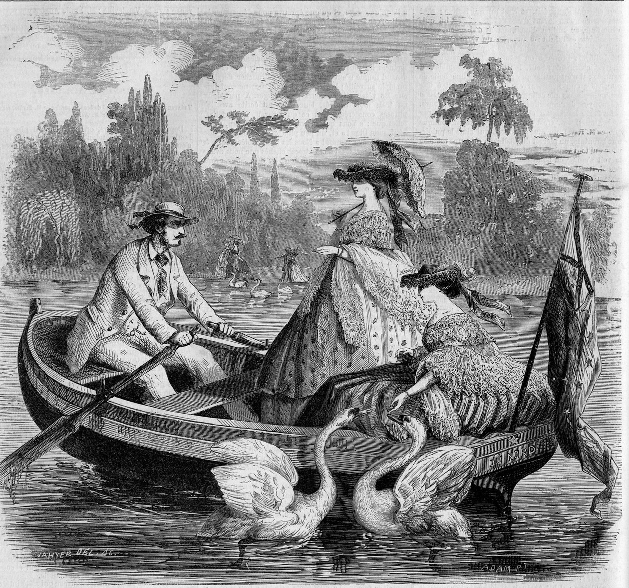 Tryby paryskie, lato 1857: przejażdżka łodzią po jeziorze. Grawer w „Le Monde Illustré” nr 24 z 26 września 1857 r. autorstwa French School