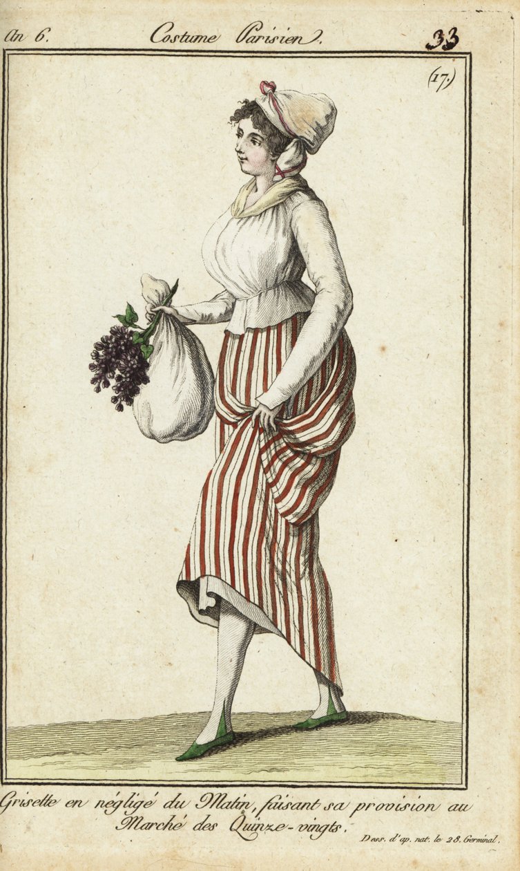 Paryska sklepikarz w luźnej porannej sukni, 26 marca 1798 (ręcznie kolorowany miedzioryt) autorstwa French School