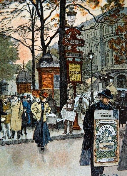 Paryska scena uliczna w pobliżu stacji metra Palais-Royal, ok. 1900 (kolor lito) autorstwa French School