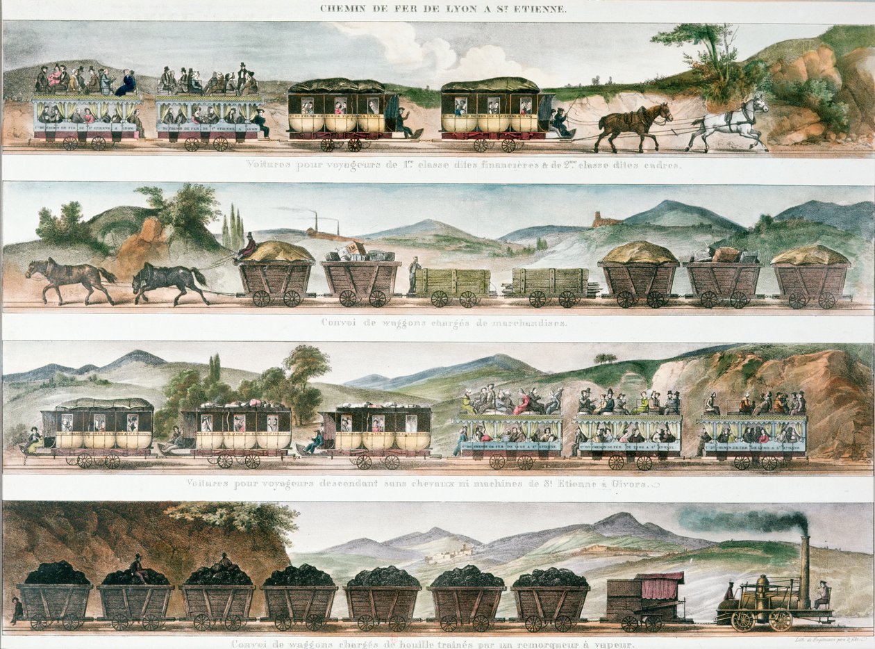Pasażerowie i towar na pierwszej francuskiej linii otwartej między Lyonem a St. Etienne, 1829 (kolor lito) autorstwa French School