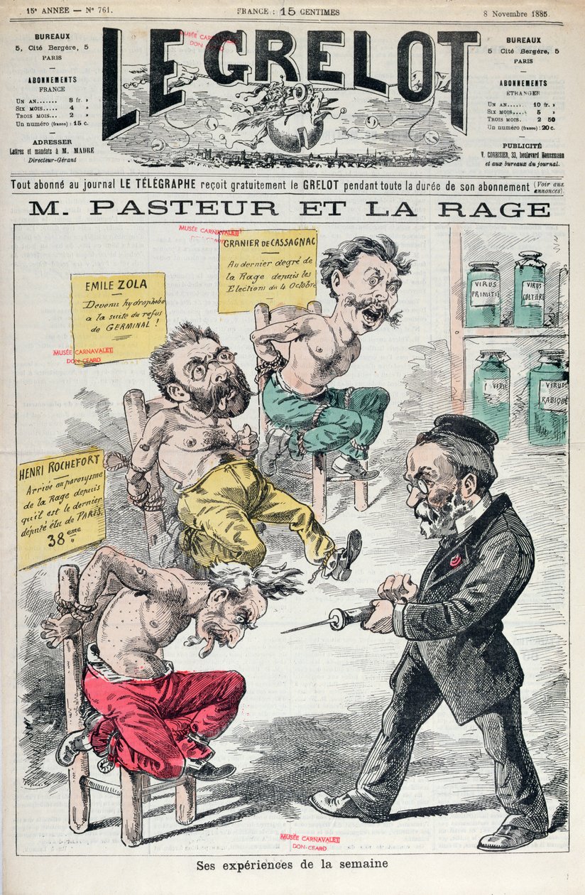 Pasteur i wścieklizna, karykatura eksperymentów Ludwika Pasteura (1822-95) z Le Grelot, 8 listopada 1885 autorstwa French School