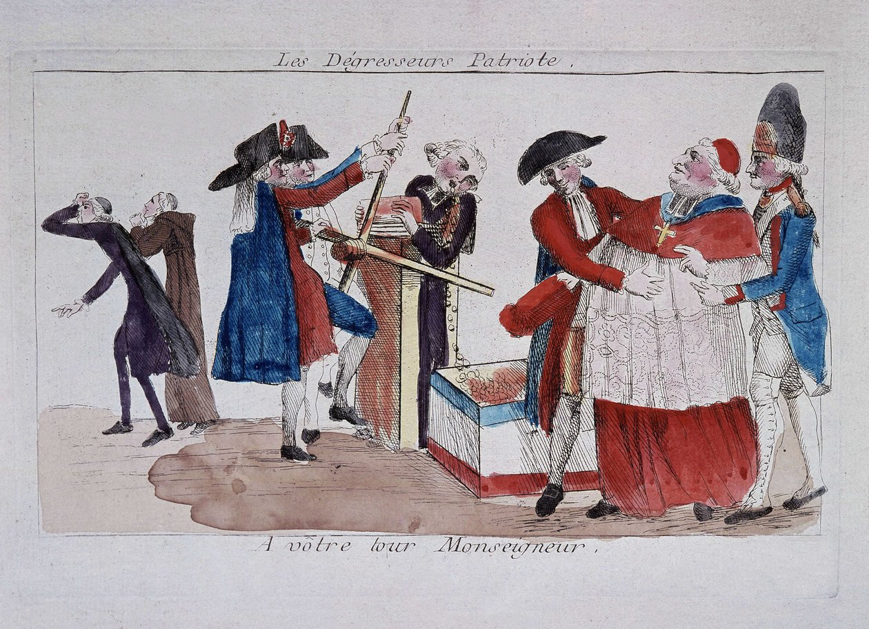 Skany patriotyczne: komisarze przekazujący duchownych w prasie, aby schudnąć, koniec XVIII wieku autorstwa French School