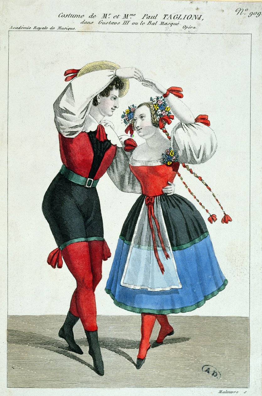 Paul Taglioni (1808-84) i jego żona Anna Galster tańczą w Gustawie III, ok. 1830 autorstwa French School