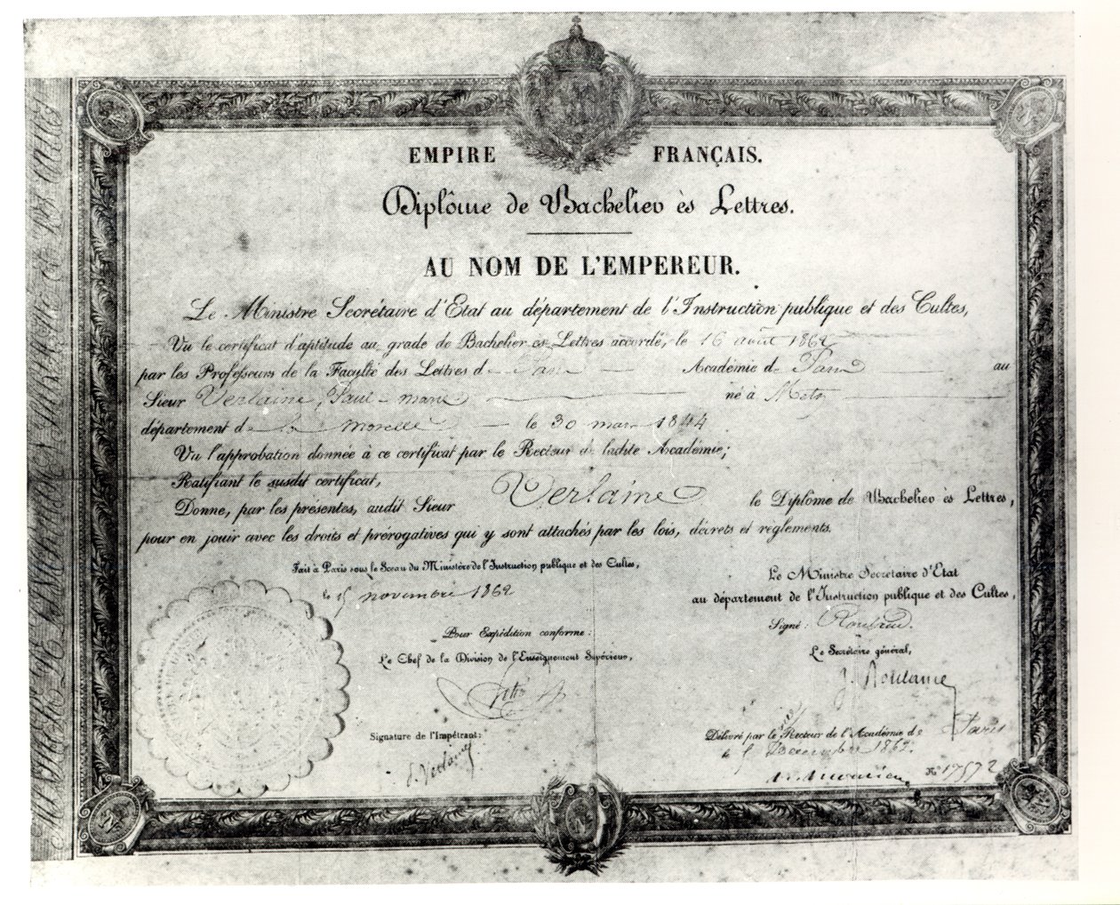 Paul Verlaines Baccalaureat, 1862 (pióro i atrament na papierze) autorstwa French School