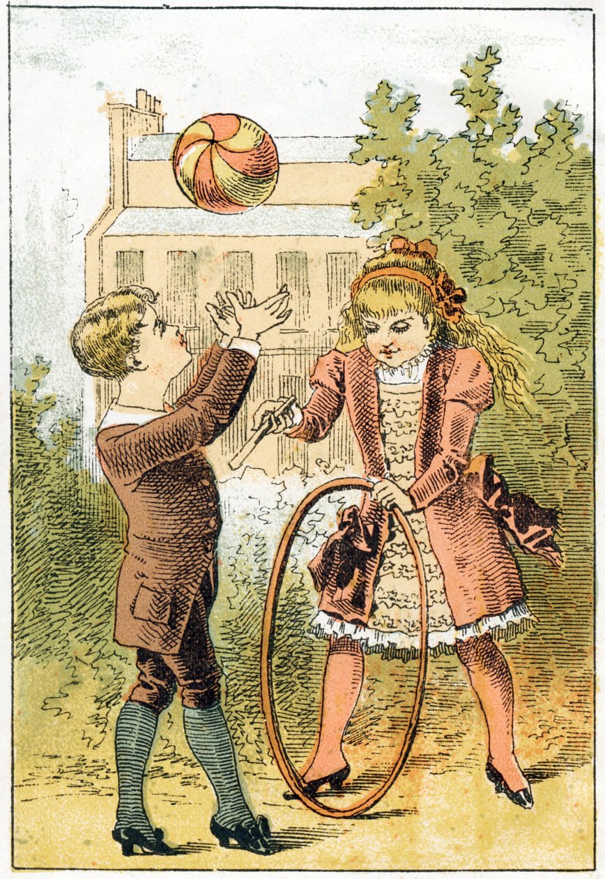 Paul gra w piłkę, a Louise w obręcz - w „Alphabet des petits sawants”, koniec XIX wieku (chromolitografia) autorstwa French School