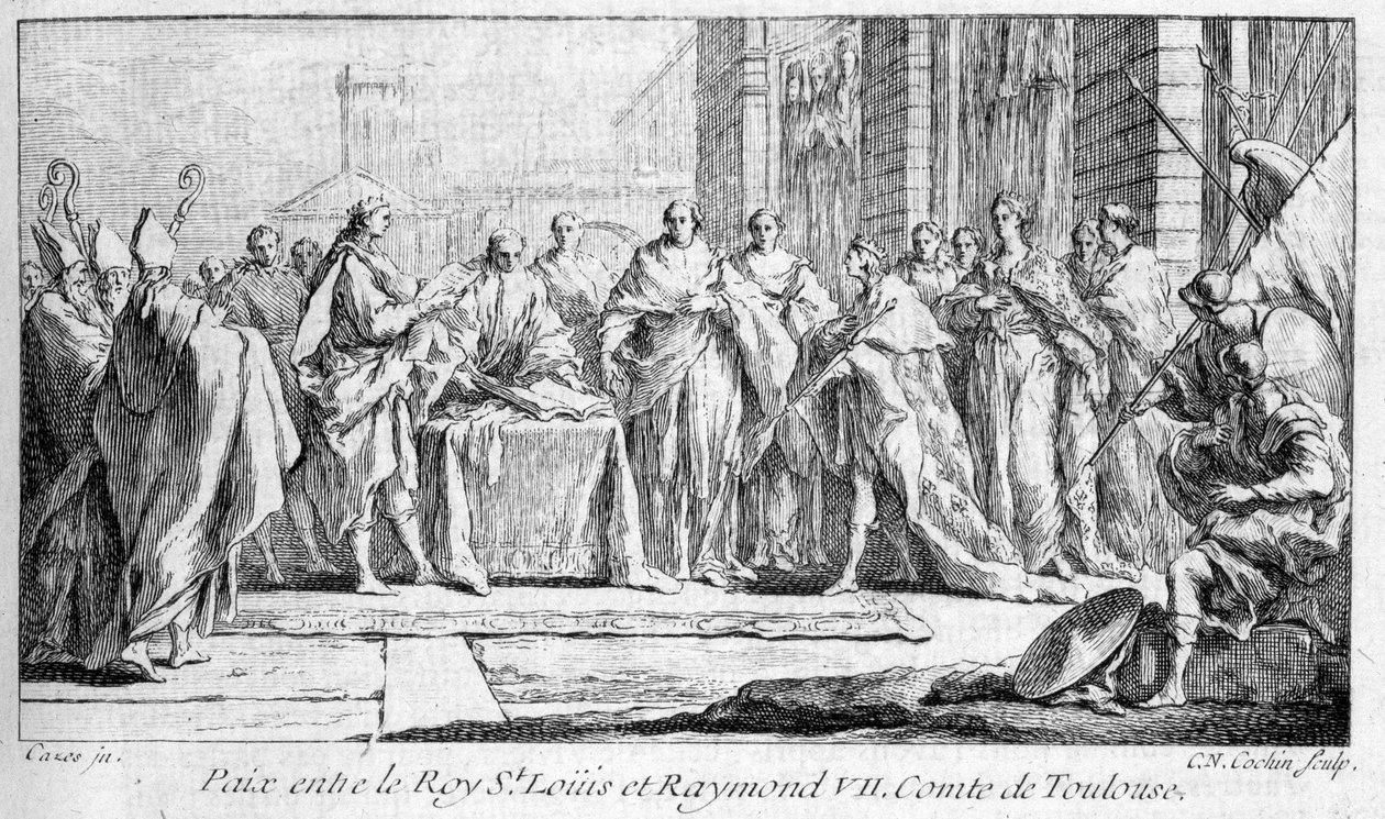 Pokój między Rajmundem VII a Ludwikiem Świętym z 1229 r. w "Histoire générale de Languedoc" Josepha Vaissete, Paryż autorstwa French School