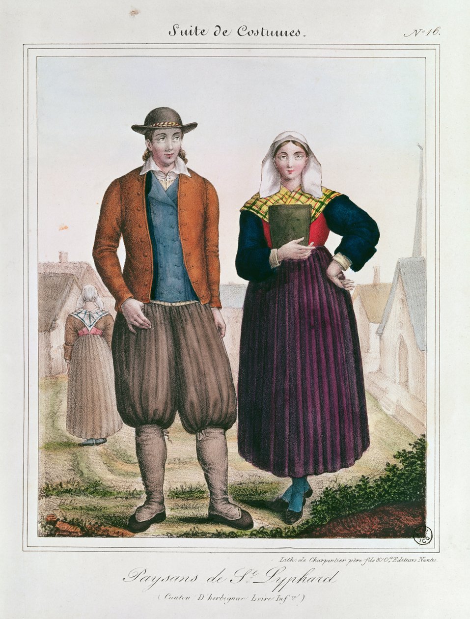 Chłopi z Saint-Lyphard, z Les Costumes Bretons de Charpentier autorstwa French School