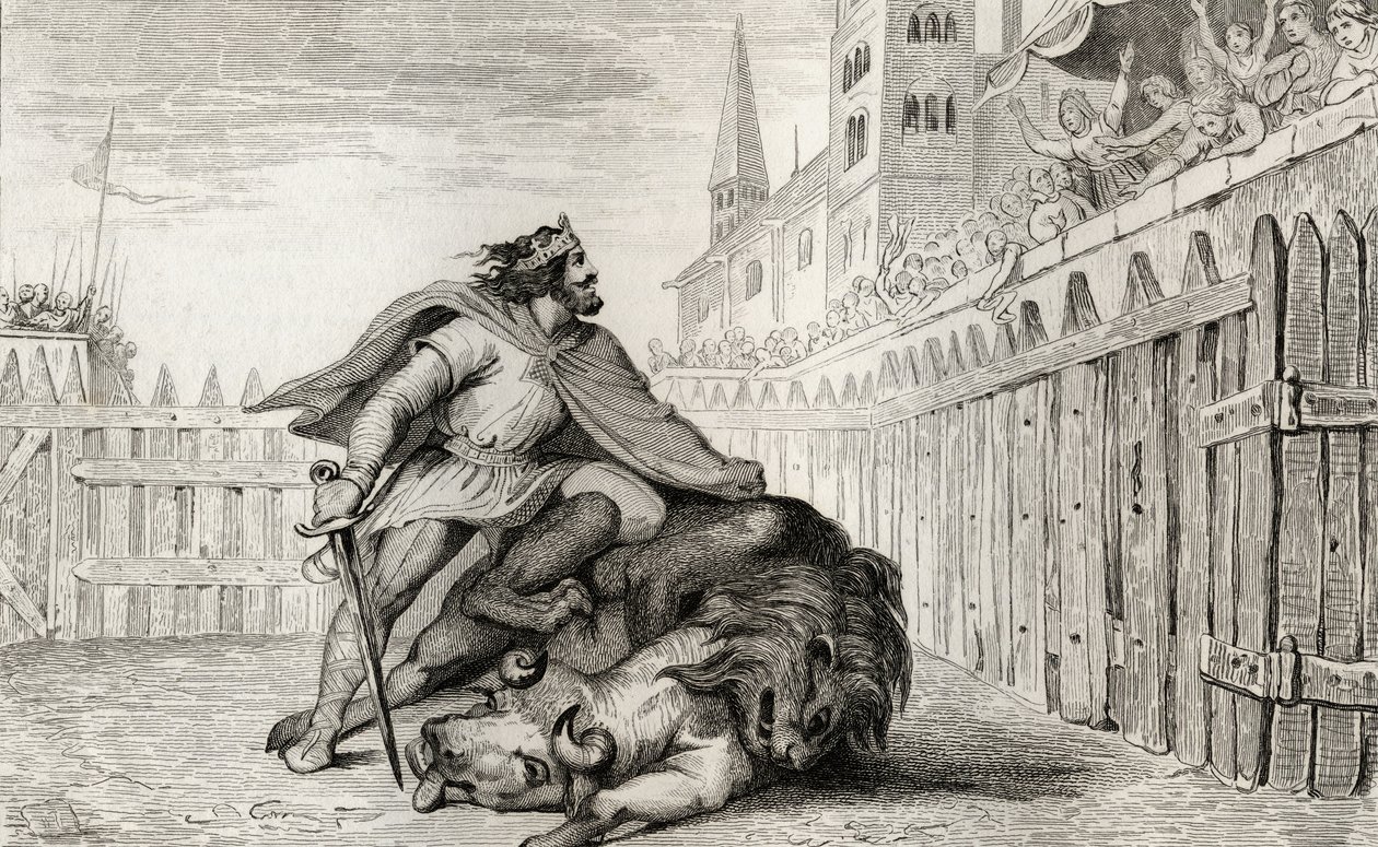 Pepin III (714-68) Łokietek z lwem i bykiem, z "Histoire de France" Colarta, wydanej ok. 1840 r. autorstwa French School