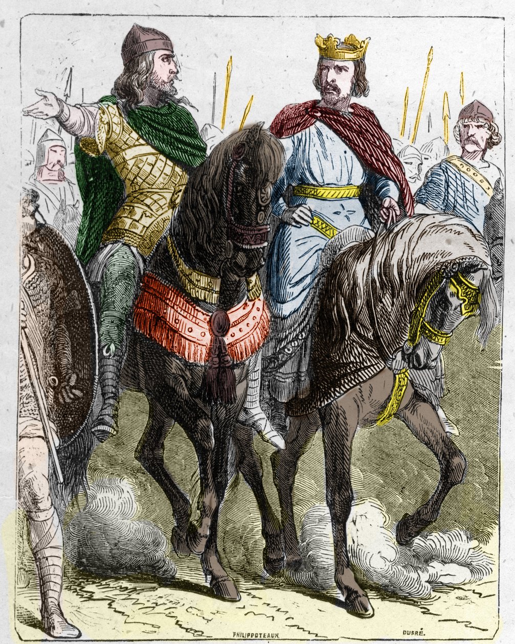 Pepin II de Herstal, znany jako Pepin le Gros lub Pepin le Jeune (645 -714) z Chlodwigiem III, królem franków od 691 do 695. autorstwa French School