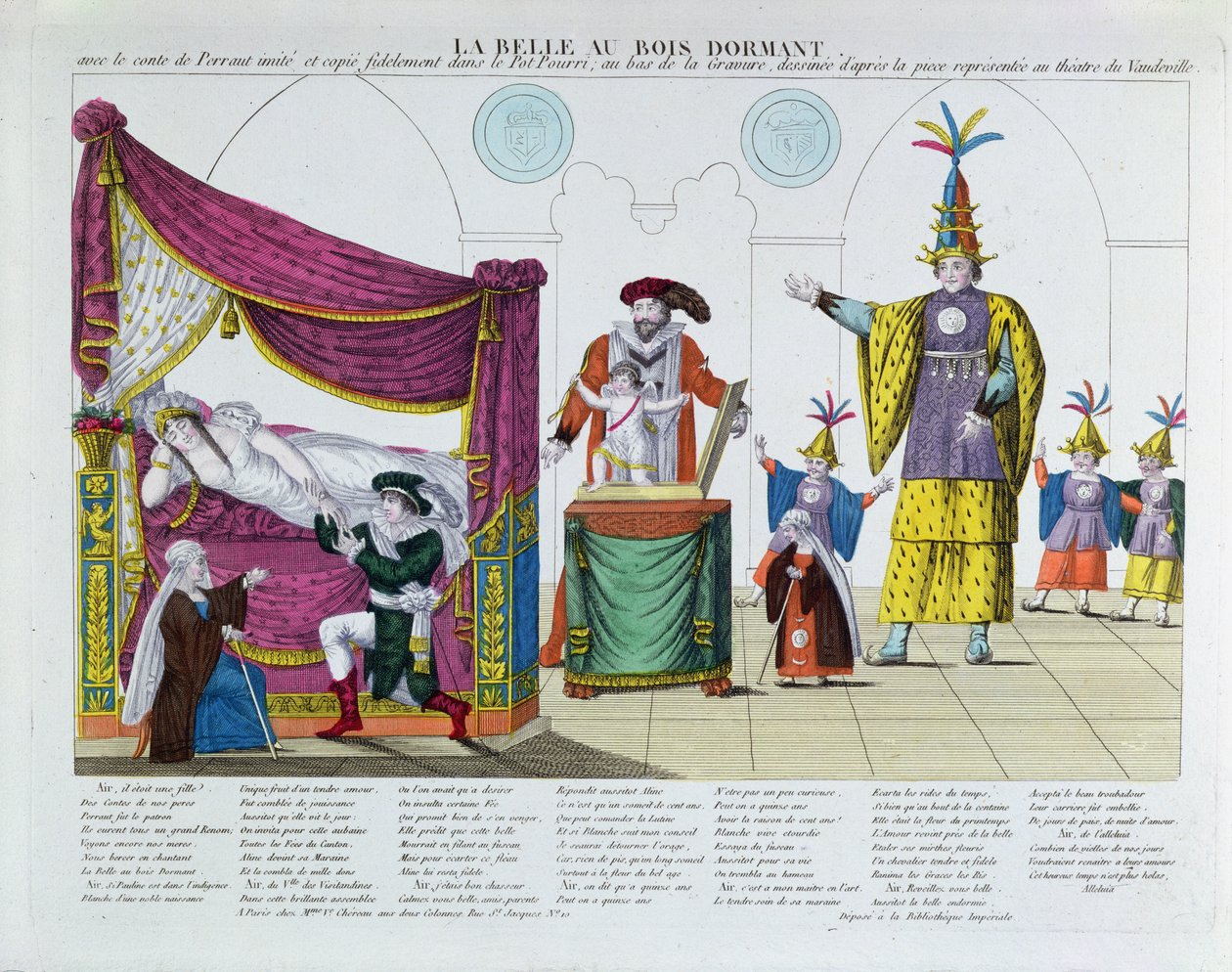 Spektakl Śpiąca królewna według baśni Charlesa Perraulta (1628-1703), Teatr Wodewil w Paryżu, ok. 1820 (kolorystyka) autorstwa French School