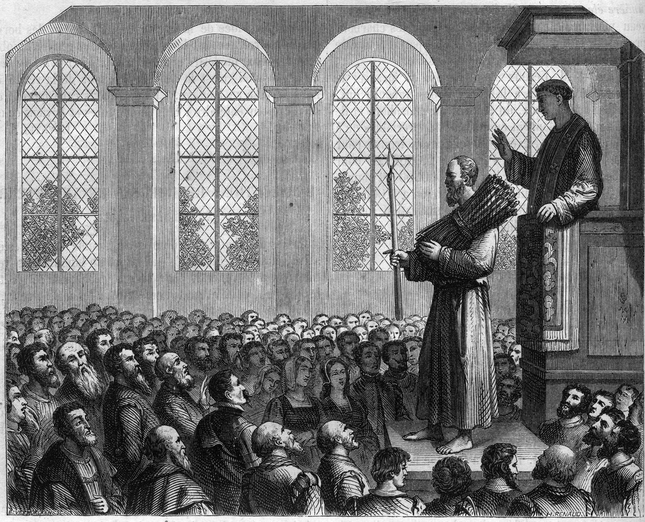 Prześladowania protestantów w Anglii w XVI wieku: publiczna pokuta Jamesa Bainhama (Baynhama) w Saint Paul. Oskarżony o herezję został skazany na stanie przed amboną z pedałem na głowie podczas wygłaszanego przeciwko niemu kazania autorstwa French School