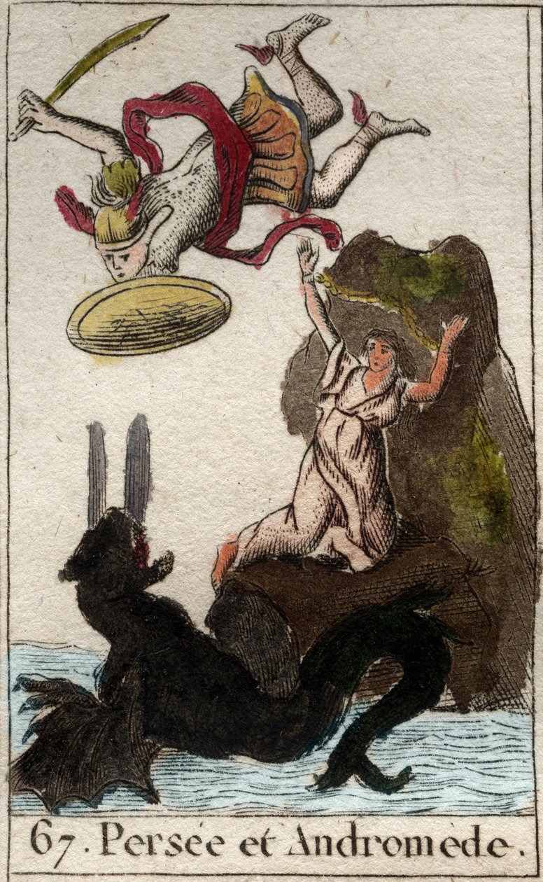 Reprezentacja Persee przybywająca na ratunek Andromede enchainee a un rock (Perseusz uratował Andromedę przykutą do skały) Z „Mythologie de la jeunesse” Pierre Blancharda 1803. autorstwa French School