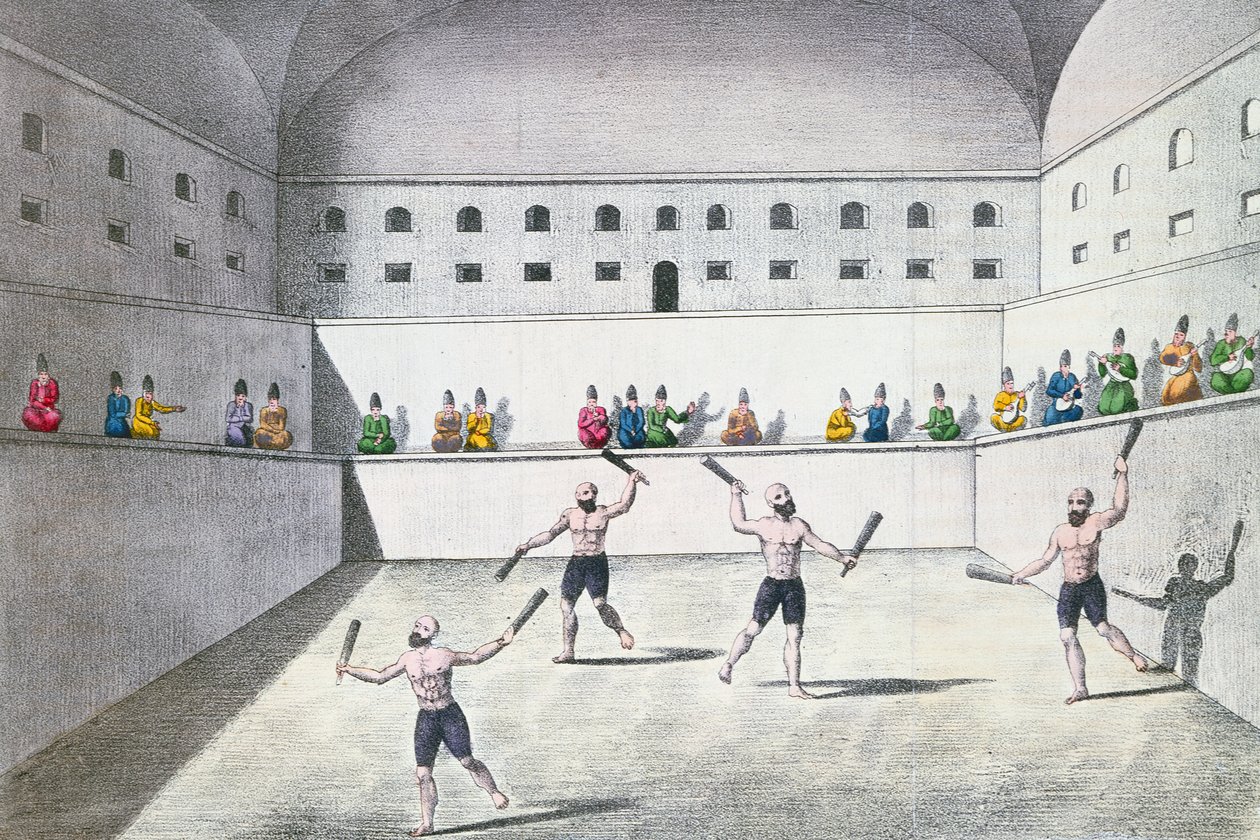 Perscy sportowcy ćwiczący w gimnazjum, ok. 1820 (kolor grawerowany) autorstwa French School