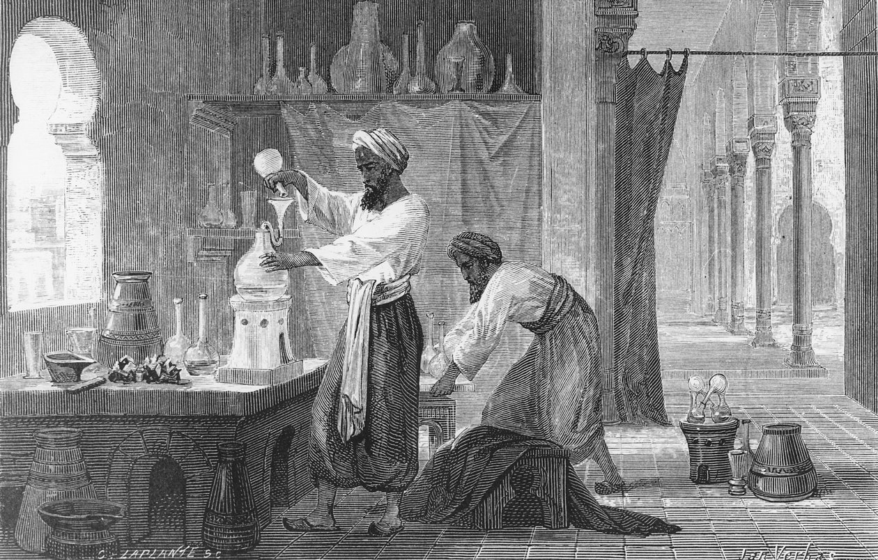 Perski alchemik Rhazes w swoim laboratorium (grafika) autorstwa French School