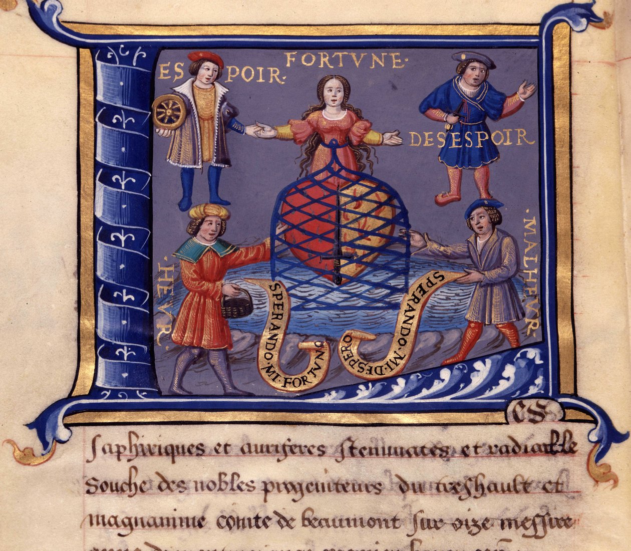 Personifikacje Fortuna, Nadzieja, Desperacja, Biada i Biada – w „”Disours de l’origine, office, charge, progresses, privileges et immunite des roys et heraults d’armes de France”” Barona de Montmorency autorstwa French School