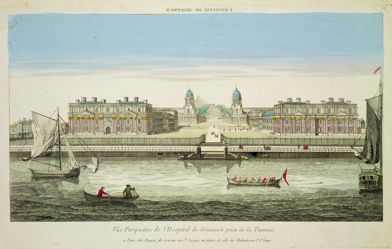 Widok perspektywiczny szpitala Greenwich nad Tamizą, grawerowany przez Huquier (kolorowy grawerunek) autorstwa French School