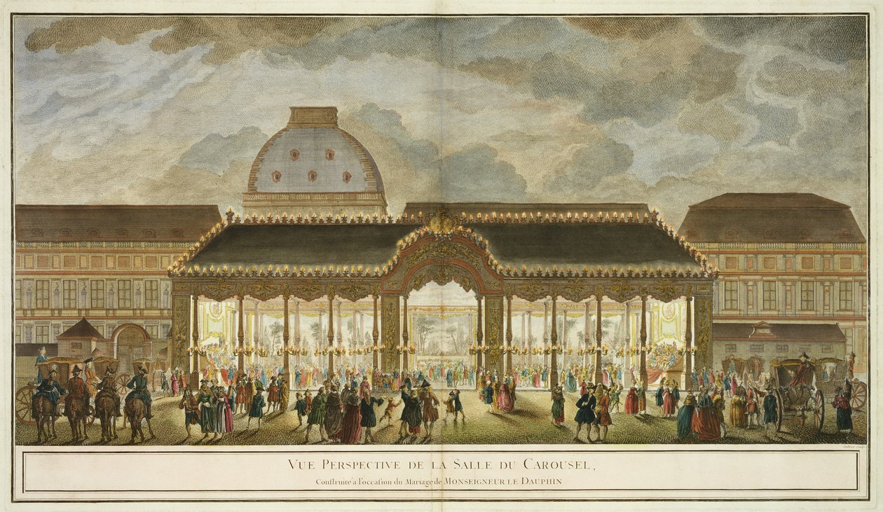 Widok Perspektywiczny Sali Karuzeli, zbudowanej z okazji ślubu Monseigneur Le Dauphin, sztychowane przez Oubriera (kolorowe grawerowanie) autorstwa French School