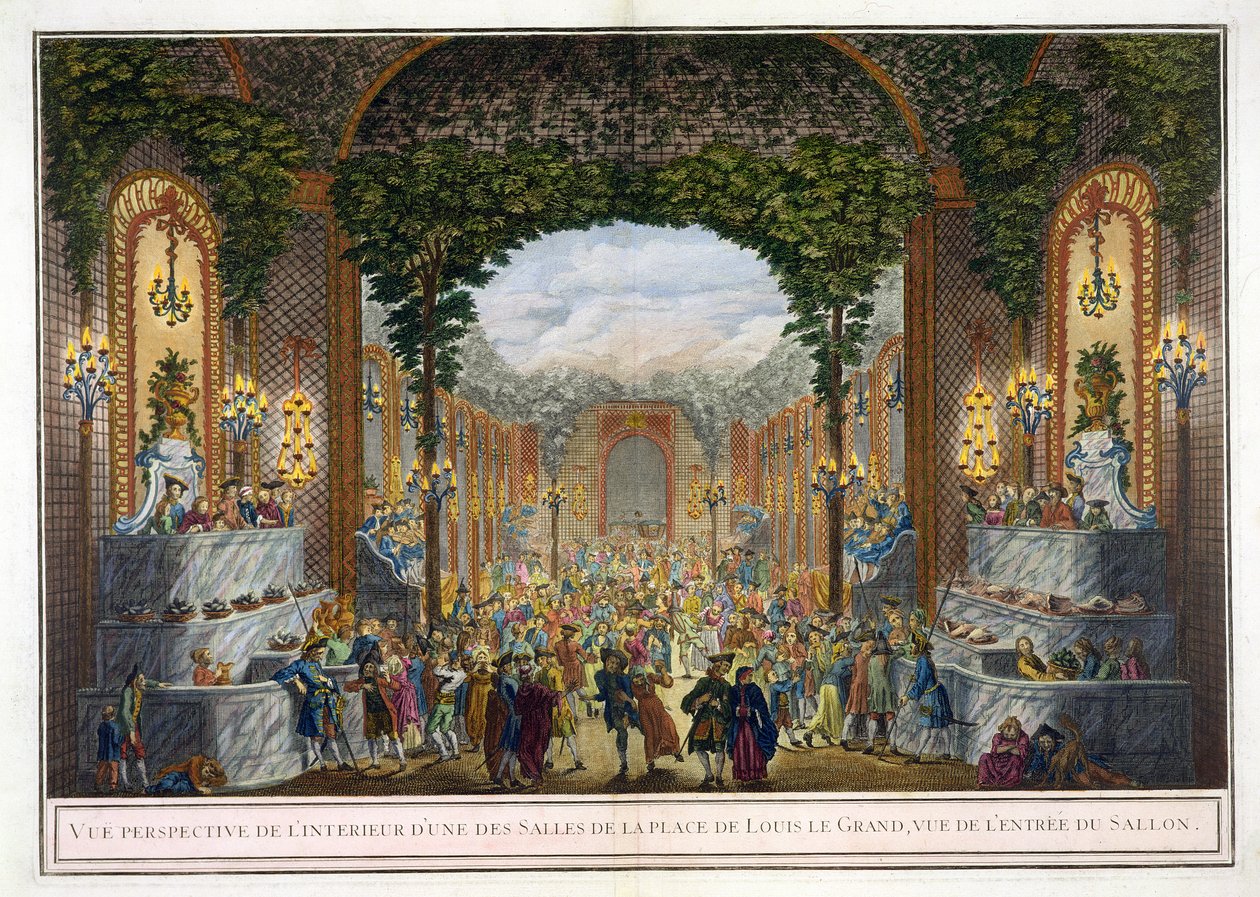 Perspektywiczny Widok wnętrza jednej z sal Place de Louis le Grand, Widok wejścia do Salonu (kolorystyka) autorstwa French School