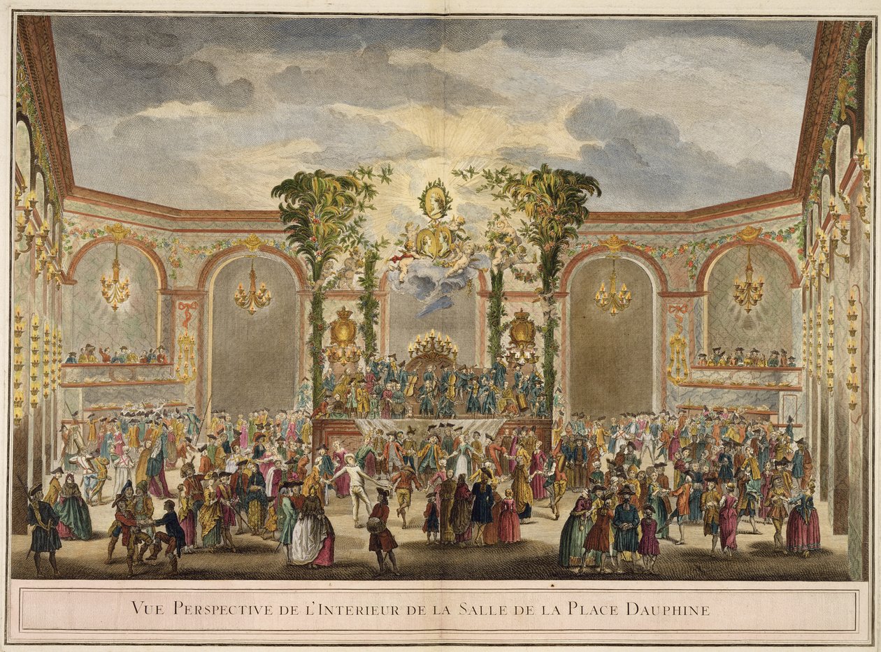 Widok perspektywiczny wnętrza sali Place Dauphine (kolor grawerunek) autorstwa French School