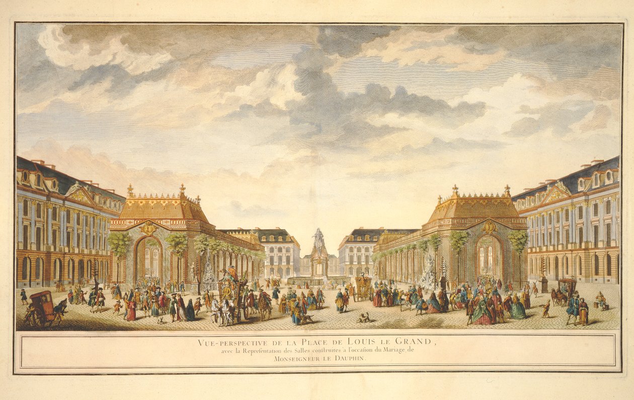 Widok perspektywiczny na Place de Louis le Grand z pokojami wybudowanymi z okazji ślubu Monseigneur le Dauphin (kolorowy grawerunek) autorstwa French School