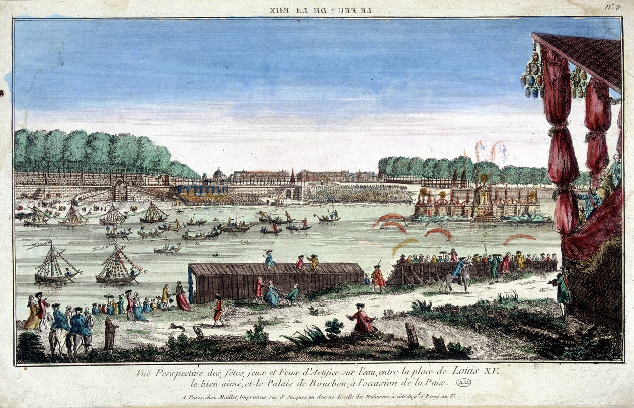 Widok perspektywiczny imprez, gier i fajerwerków na wodzie, między Place Louis XV a Palais Bourbon, z okazji Pokoju autorstwa French School