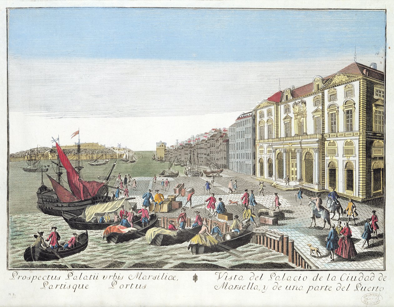 Widok perspektywiczny ratusza i części portu w Marsylii, ok. 1770 r. autorstwa French School