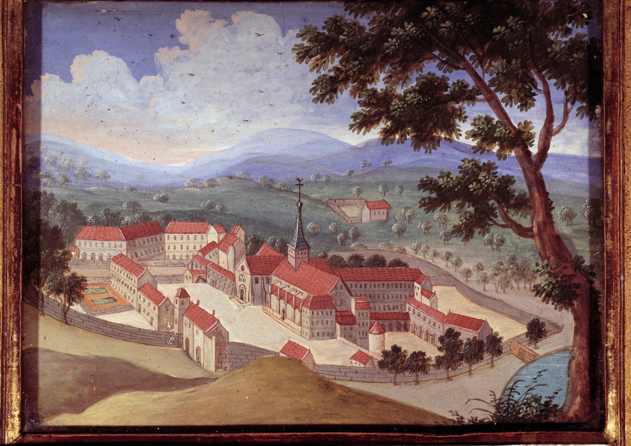 Widok perspektywiczny opactwa Port royal des champs. Widok na klasztor Port-Royal-des-Champs). Anonimowy obraz z XVIII wieku. Port Royal, Musee Des Granges. autorstwa French School