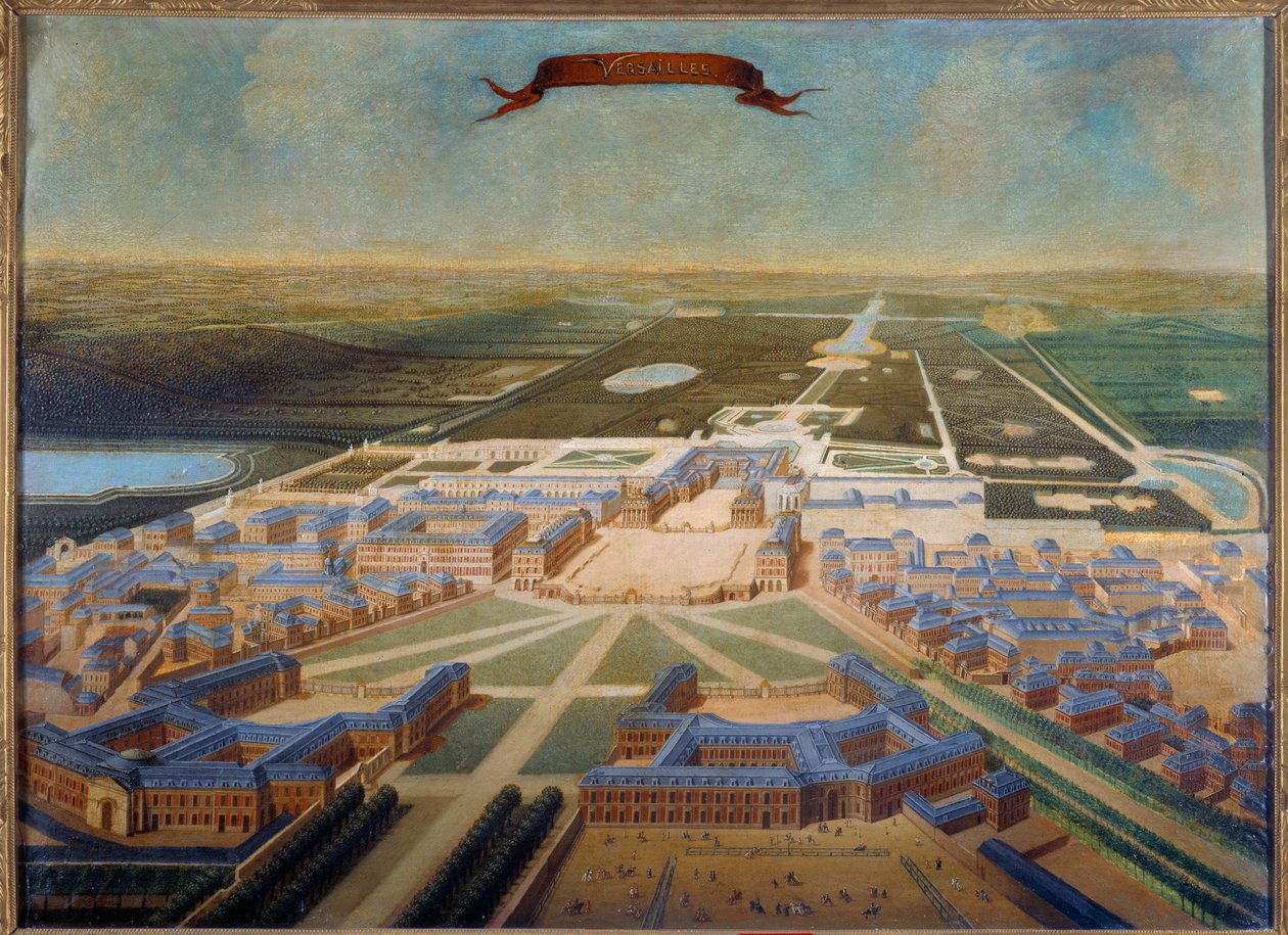 Widok perspektywiczny stajni zamku i ogrodów wersalskich pod koniec panowania Ludwika XIV, około 1710-1715. Malarstwo szkoły francuskiej autorstwa French School