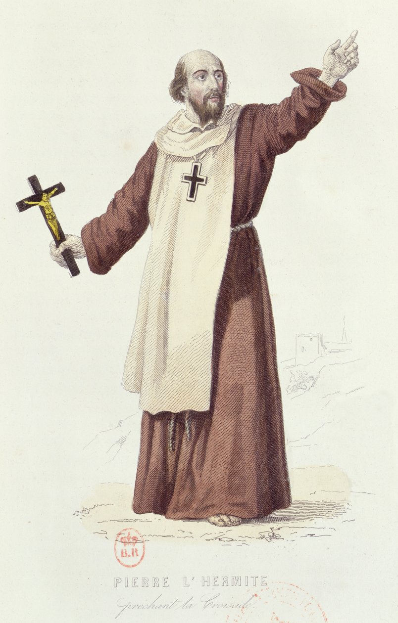 Piotr Pustelnik (ok. 1050-1115) głoszący pierwszą krucjatę w 1095, ok. 1840 (kolorowe grawerowanie) autorstwa French School