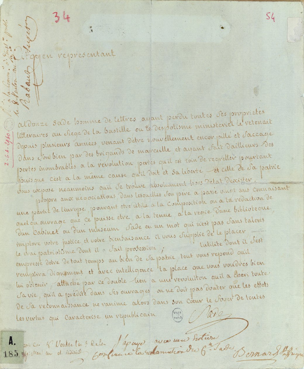 Petycja Aldonze Safe dla zatrudnienia, 1794-95 (pióro i atrament na papierze) autorstwa French School