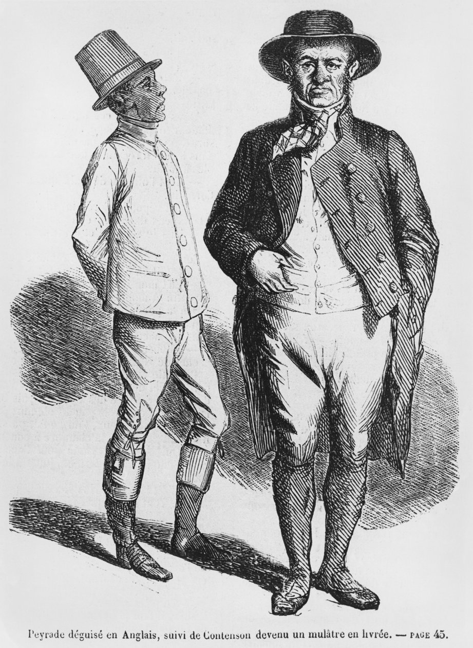 Peyrade przebrany za Anglika i Contenson jako służący mulat, ilustracja ze Splendeurs et Miseres des Courtisanes autorstwa Honore de Balzac, opublikowana w 1867 r. autorstwa French School