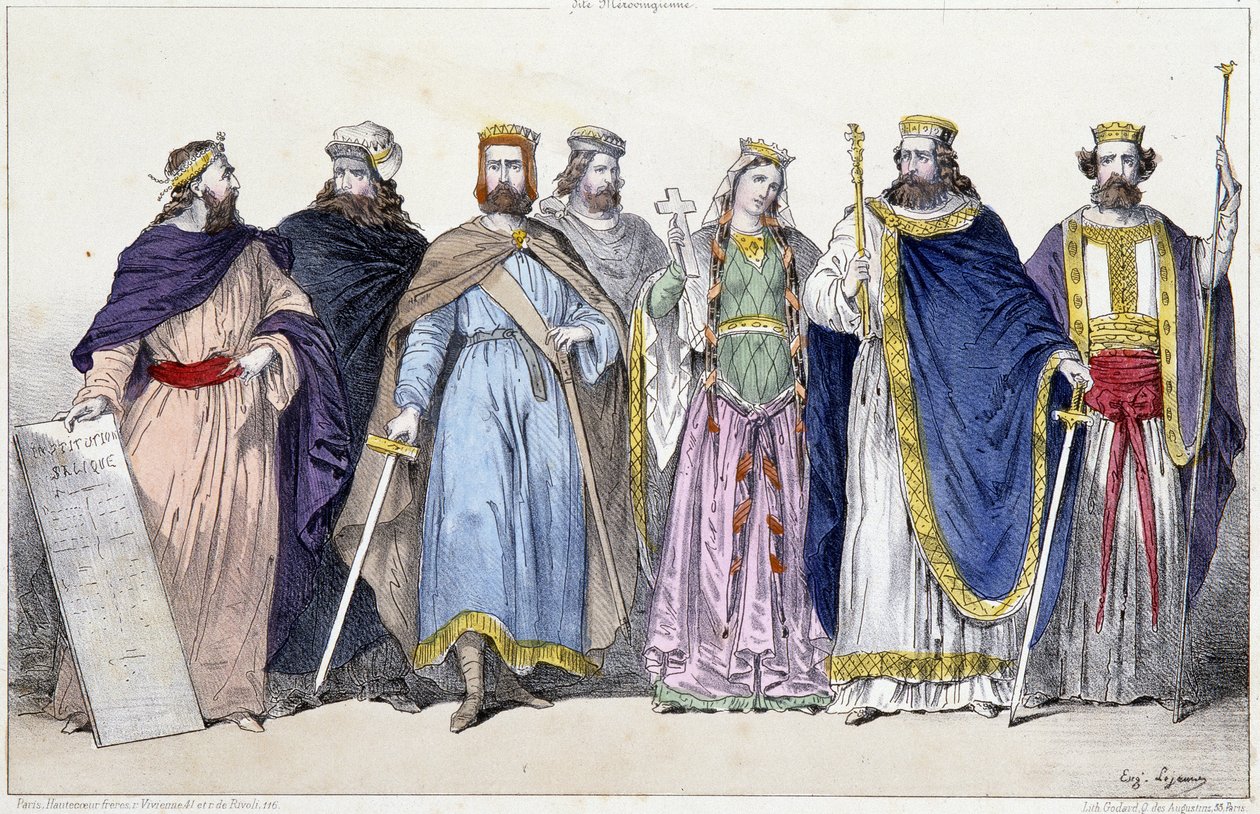 Pharamond, Clodion, Merovee, Childeric, Clotilde, Clovis 1er i Childebert 1er - w „Monarchii francuskiej w drukach”” autorstwa French School