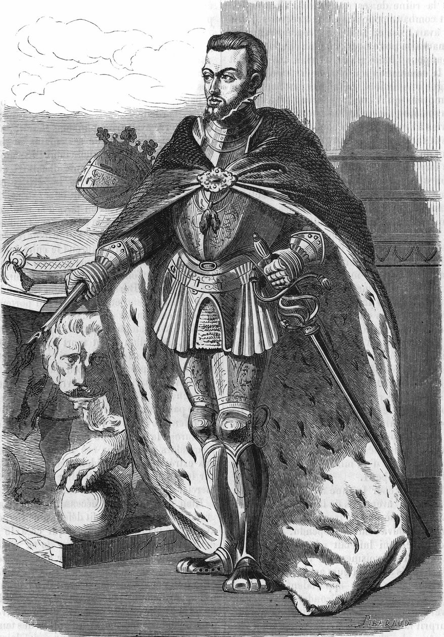 Filip II (1527-1598), król Hiszpanii. W „”Popularnej historii Francji””, bd. ok. 1885 r. Grawerowanie. autorstwa French School
