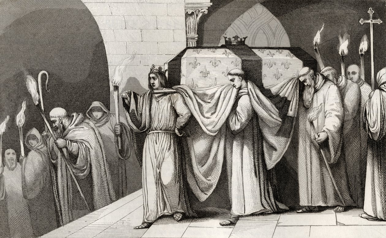 Filip III (1245–85) Śmiały pomaga nieść trumnę ojca, z „Histoire de France” Colarta, wydanej ok. 1840 r. autorstwa French School