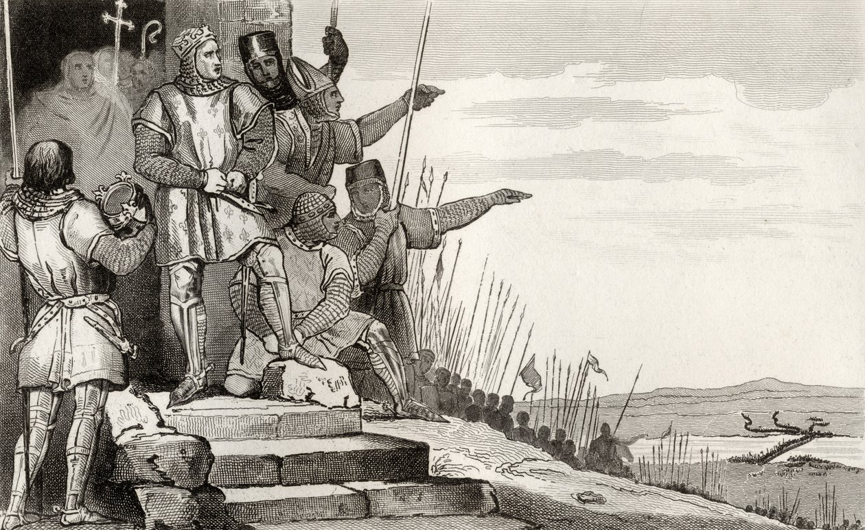 Philippe II Auguste (1165-1223) wygrywa bitwę pod Bouvine po modlitwie, z „Histoire de France” Colarta, opublikowanej ok. 1840 autorstwa French School