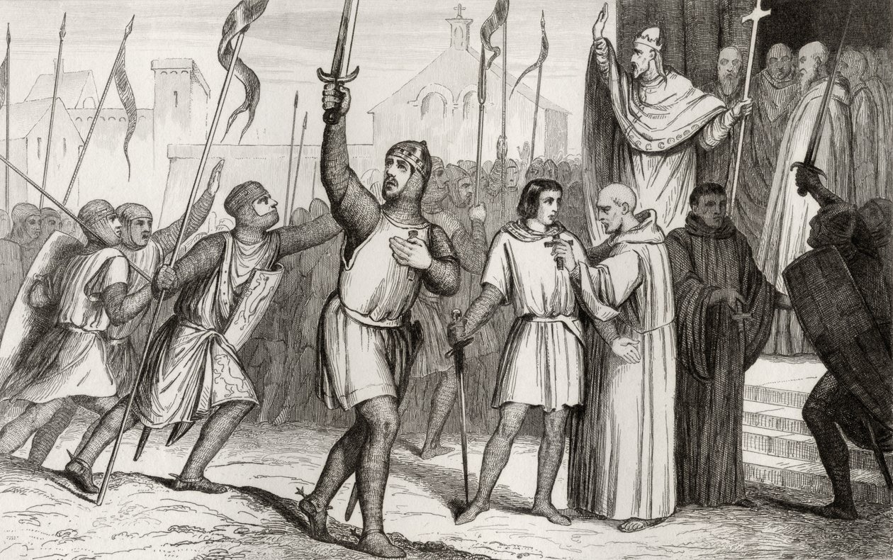 Philippe I (1052-1108) i papież Urban II (ok. 1035-99) zbierają zwolenników na pierwszą krucjatę w 1095, z „Histoire de France” Colarta, opublikowanej ok. 1840 autorstwa French School