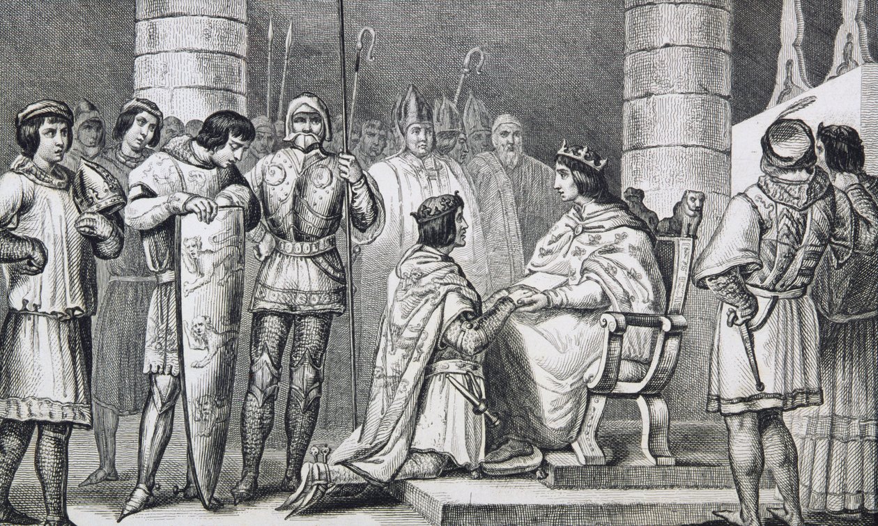 فیلیپ VI (1293-1350) ډی ویلیس د انګلستان اډوارډ III (1312-77) ته درناوی وړاندې کوي مګر یوازې د ډیوک آف اکویټین په توګه، د کولارټ لخوا د "هیسټویر ډی فرانس" څخه، په 1840 کې خپور شوی. autorstwa French School