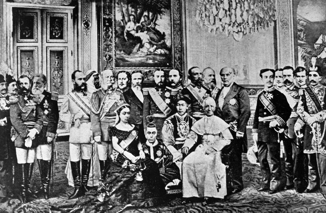 Fotomontaż Władców Świata, 1867 (kolakowane zdjęcia bw) autorstwa French School