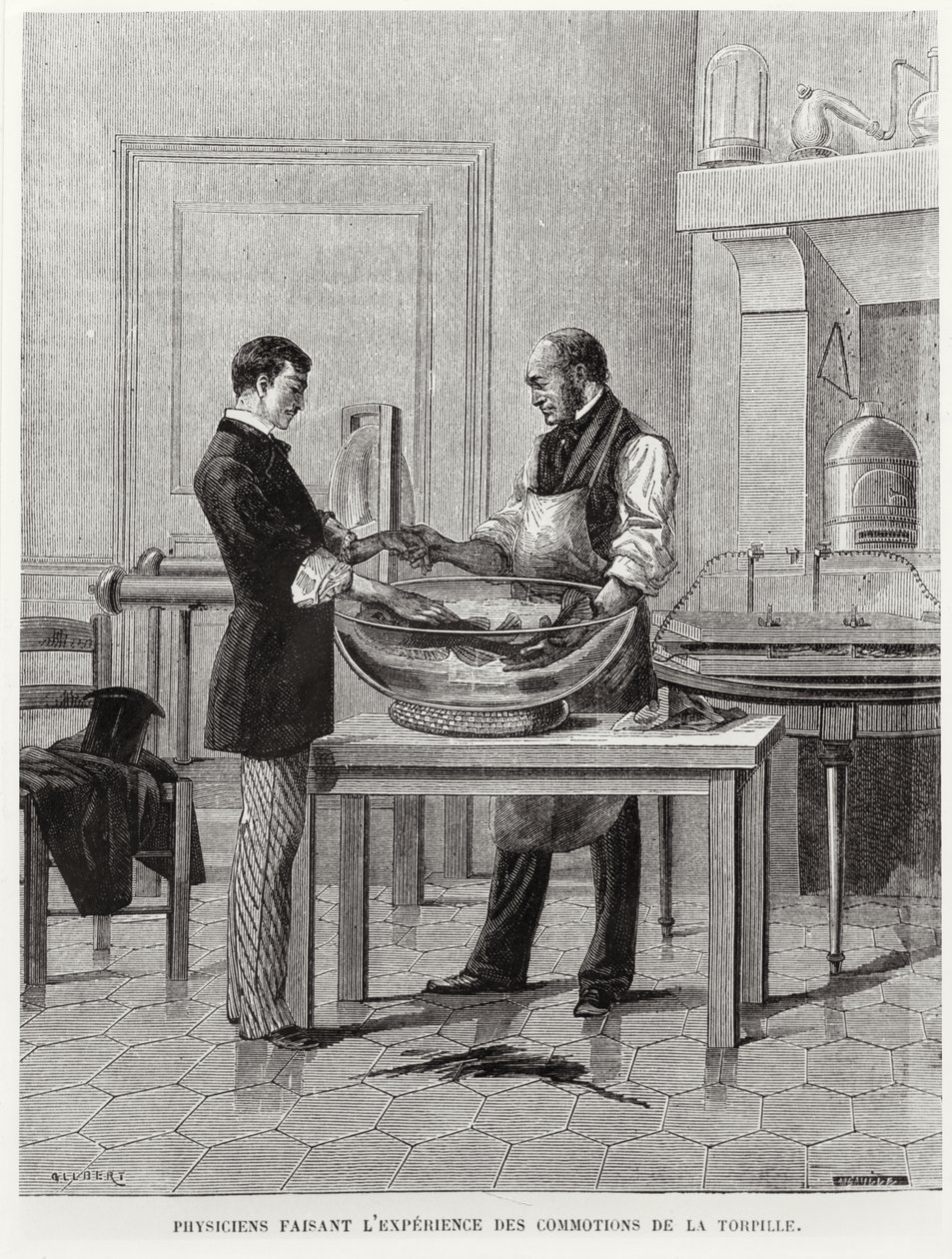 Fizycy eksperymentujący z torpedą, 2. poł. XIX w. (rycina) (zdjęcie czarno-białe) autorstwa French School