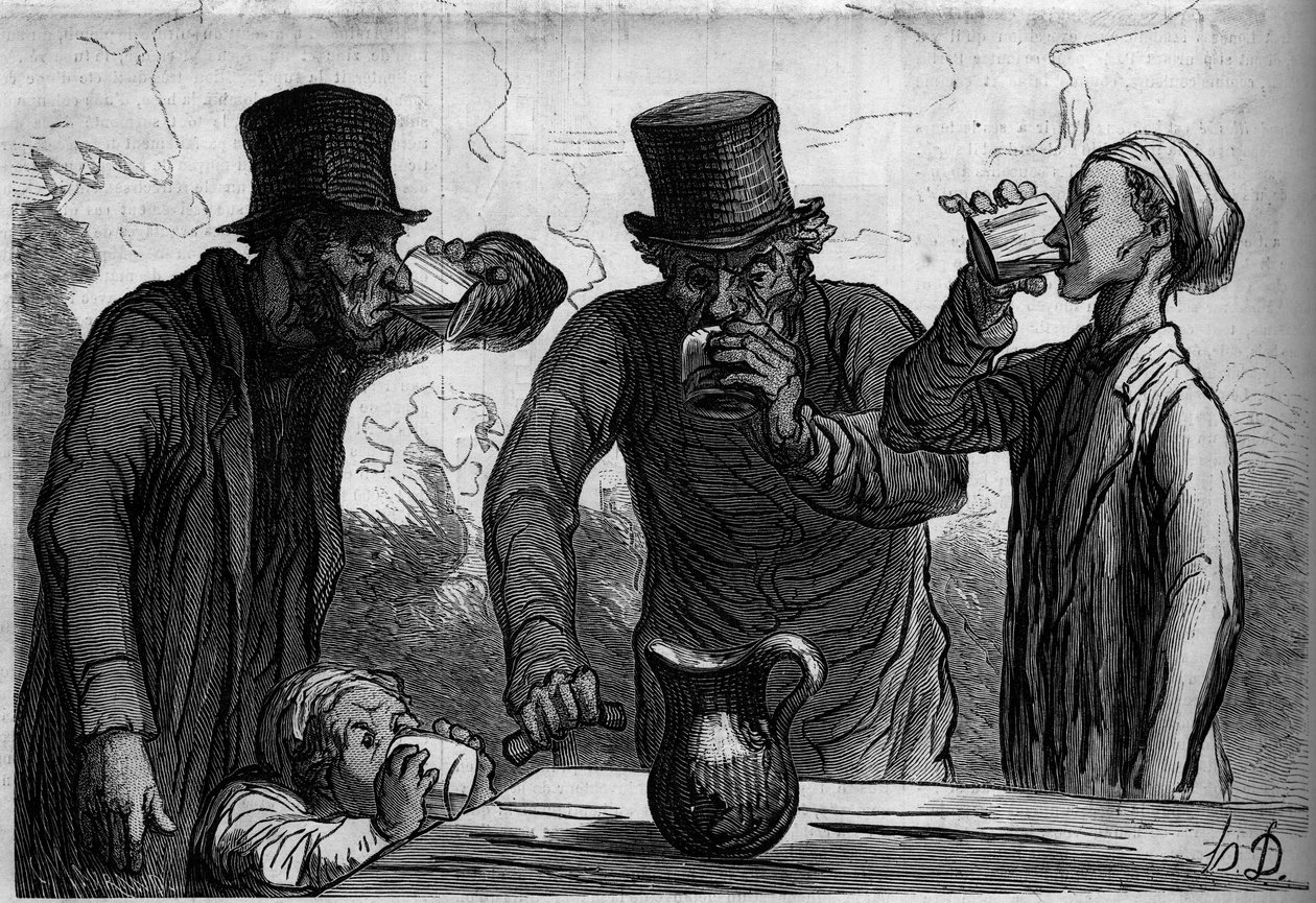 Fizjologia pijącego: cztery wieki. Karykatura Honore Daumiera (1808-1879). Grawerowanie w „”Le Monde Illustré””n°289 z 25 października autorstwa French School