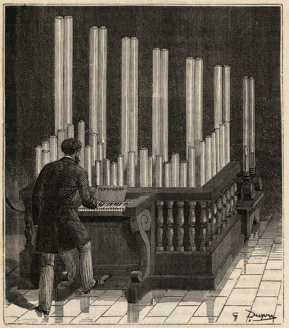 Piano a Gaz - (organ gazowy) Pyrophone (organ pożaru/wybuchu) (kaliope pożaru/wybuchu) Grawerowanie w „”Nauki przyniesione do drzwi wszystkich - Popularna fizyka i chemia” Alexis Clerc - Koniec XIX wieku - Prywatna kolekcja autorstwa French School