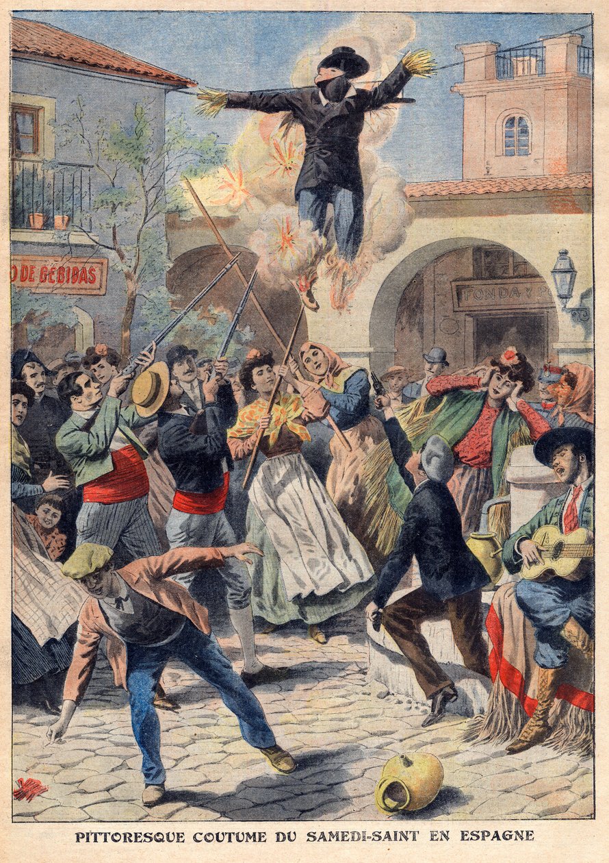 Malowniczy zwyczaj Wielkiej Soboty w Hiszpanii: ludzie robią wiklinowy manekin ubrany w oriskiny (Judas), które przechodzą ulicami, oszczercze, rozstrzelane i podpalone - ilustracja z „The Petit Journal” z 31 marca autorstwa French School