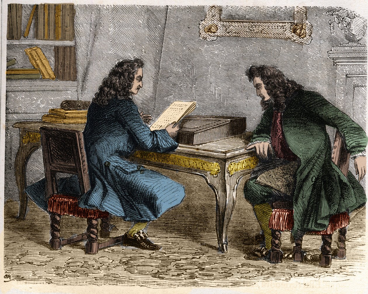 Pierre Corneille czyta „Cid” swojemu bratu Thomasowi Corneille przed udaniem się do Anne „Ninon” z Enclos (lub Ninon de Lenclos lub Ninon de Lanclos autorstwa French School