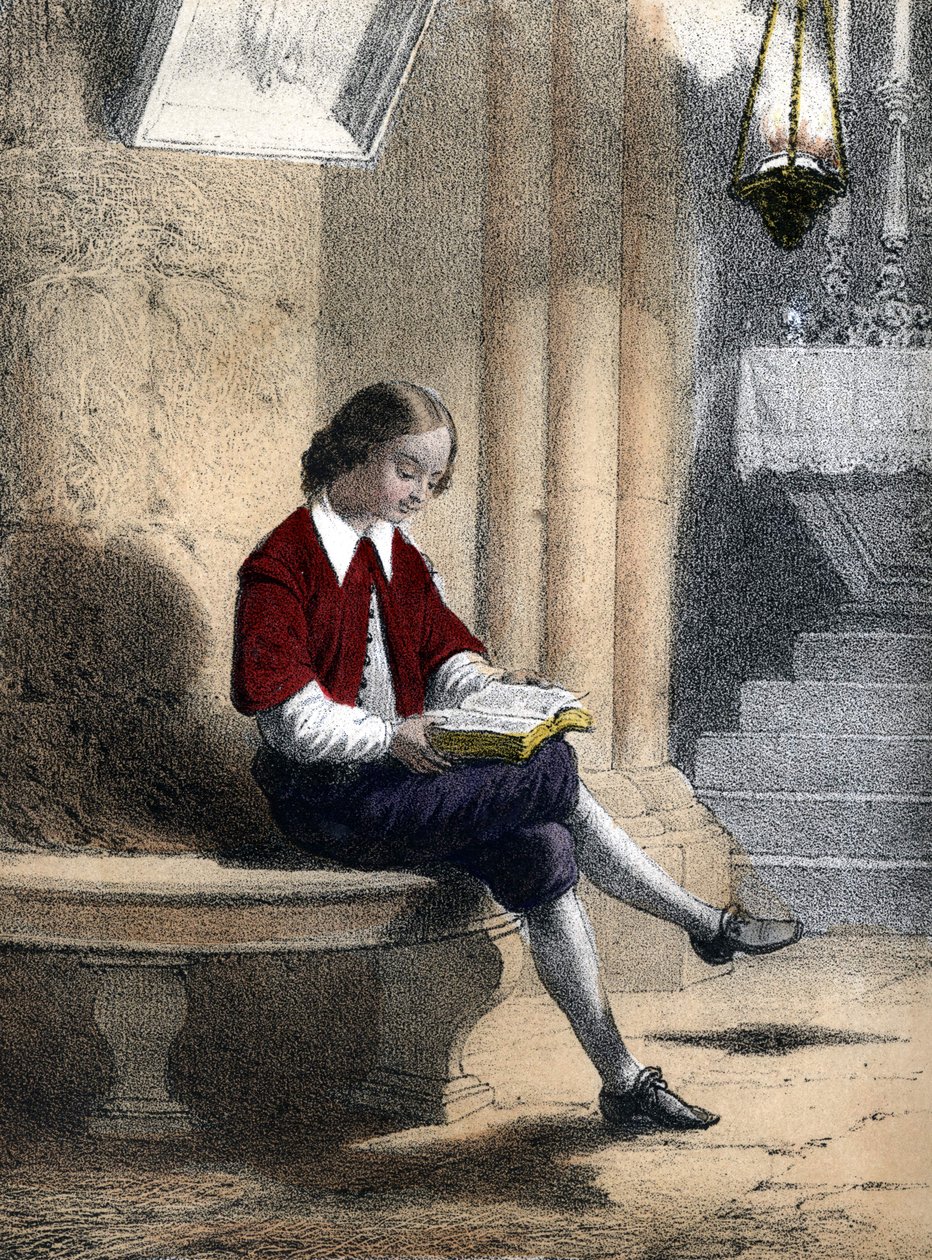 Pierre Gassendi (1592 - 1655): siedząc pod lampą zawieszoną na voîte (kościele), zaczął czytać – w „Les enfants illustres – tales historiques”” Madame Eugenie Foa autorstwa French School